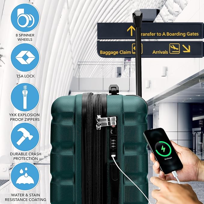 Flight Knight 24x16x10 Expandable Carry On Suitcase Hardside TSA Lock USB C Lightweight Luggage Silent Double Spinner Wheels Maximum Overhead Carry-On Bag Virgin South West Approved Forest Green