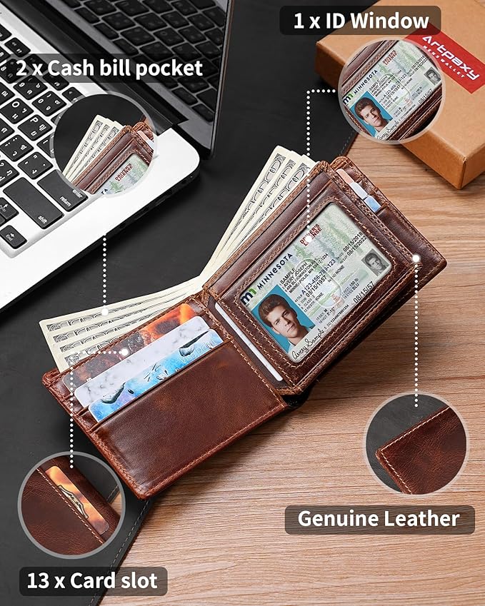 Artpaxy Mens Wallet Bifold Genuine Leather RFID Blocking Wallet for Men with 1 ID Windows 13 Card Holders 2 cash pockets 1 Gift Box