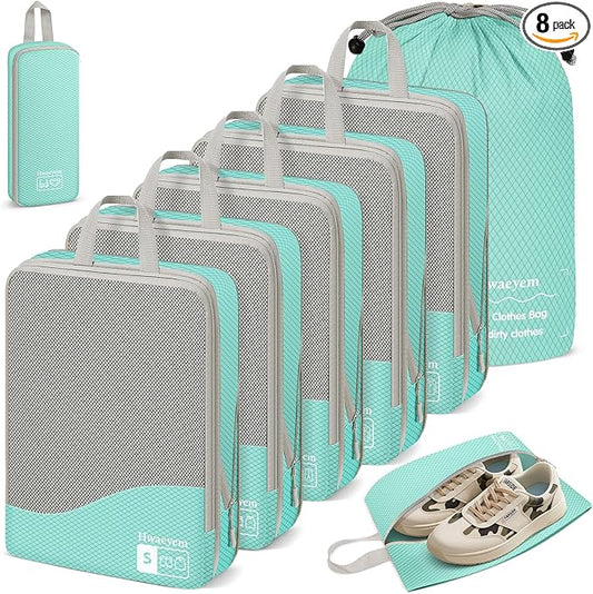 Compression Packing Cubes 8 Set, Dual Zipper Compression Packing Cubes for Travel, See-Through Mesh Packing Bags for Suitcases, Compression Cubes with Shoe Bag