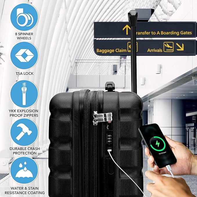 Flight Knight 24x16x10 Expandable Carry On Suitcase Hardside TSA Lock USB C Lightweight Luggage Silent Double Spinner Wheels Maximum Overhead Carry-On Bag For Virgin South West Approved Black