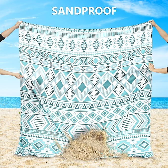 Beach Blanket Sandproof Extra Large Beach Mat Adults Waterproof Quick Drying Sand Free Mat Made by Premium Polyester with 4 Stakes & 4 Corner Pockets for Outdoor Travel Camping Hiking