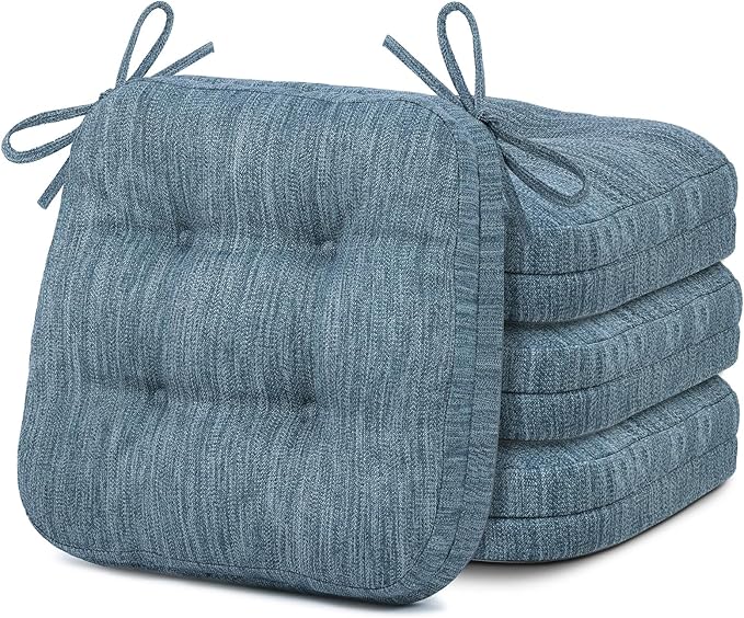 Shinnwa Kitchen Chair Cushions Set of 4, Dual-Layer Memory Foam Dining Chair Cushions, Patented Design Seat Pads with Ties, 16.5 x 16.5 x 3.5in, 4 Pack, Denim Blue