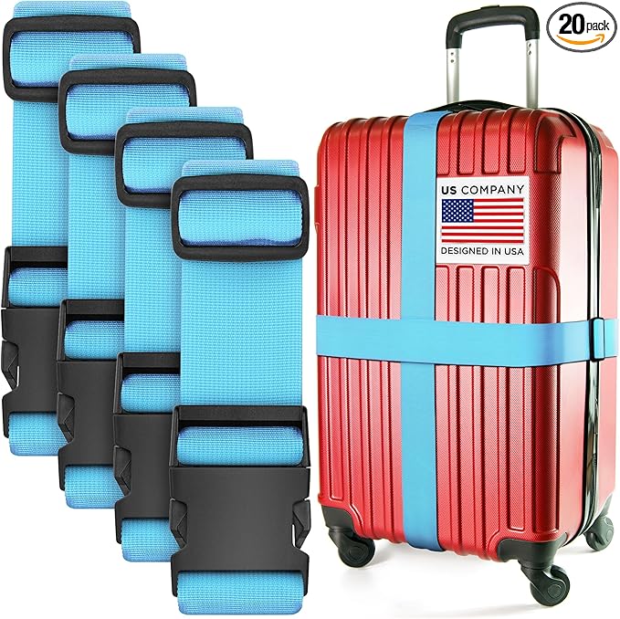 Luggage Straps for Suitcases - TSA Approved - Blue, 20 PK - Bulk Multipack Premium Nylon Belts for Suitcase, Briefcase & Travel Bag - Adjustable Strap Length 46" - 78"