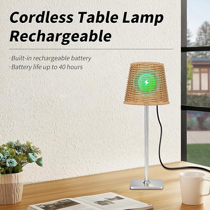 Mr. White Outdoor Waterproof Cordless Wireless Rechargeable Portable Top Touch Battery Operated Powered LED Table Lamp Desk Lamp Lights for Restaurant Kitchen Patio Dinner Dining (Nickel)
