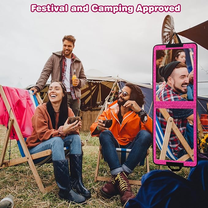 LPHUMEX Sparkle Hot Pink Folding Mirror 13”x33”, Foldable Full-Length Travel Mirror 3-Way Use, Perfect for Dance, Festivals, RV