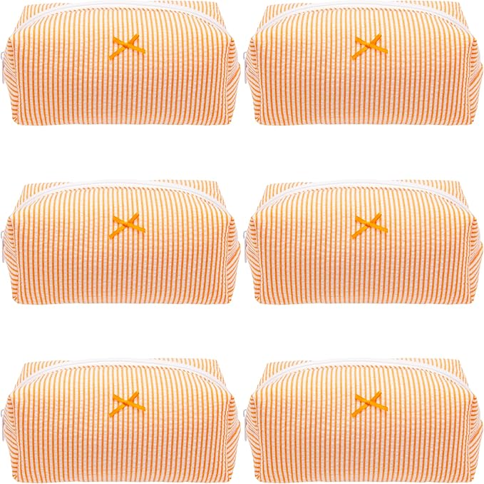 PAZIMIIK 6PCS Cozy Makeup Bag Small Aesthetic Travel Zipper Cosmetic Pouch for Women Make Up Beauty Accessories Brushes, Stripe Orange