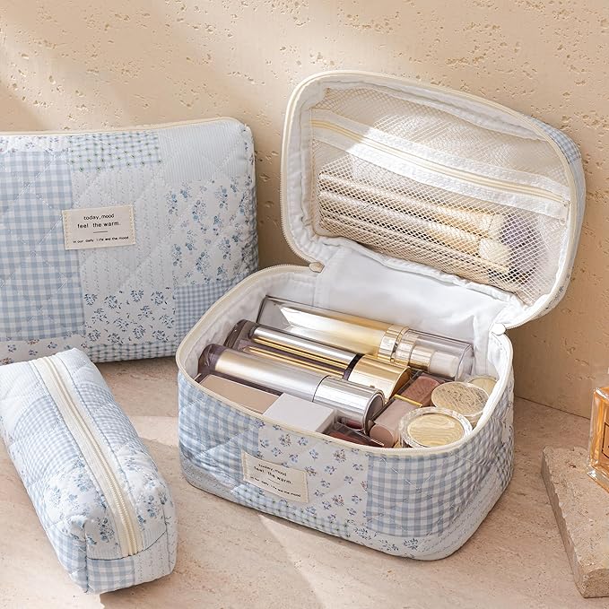 HBselect Quilted Makeup Bag, 3PCS Cotton Large Travel Makeup Bag, Cute Floral Coquette Make up Bag Cosmetic Bag Toiletry Bag for Women Girls