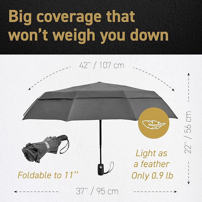 Windproof Compact Umbrella for Rain - 42” Travel Umbrella, Portable, Strong, Collapsible to 11”, Automatic Open Close Button, Vented Double Canopy with Fiberglass/Steel Frame, Wind Resistance to 55MPH