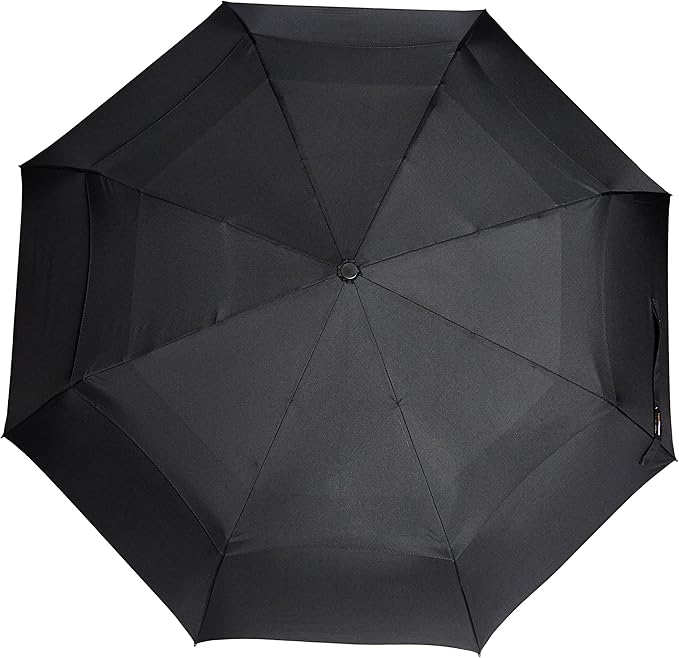 Amazon Basics Round Travel Umbrella with Auto Open/Close Button, Wind-Proof Compact Design, Wind Vent, Strong Alloy Steel Frame, Soft-Grip Handle, Storage Sleeve, 11" When Closed, Black