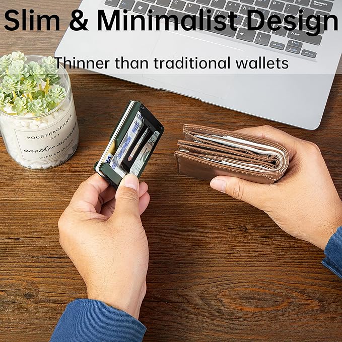 Carbon Fiber Minimalist Wallet for Men Credit Card Holder Money Clip & Cash Strap Slim RFID Mens Wallets(Matte Green)