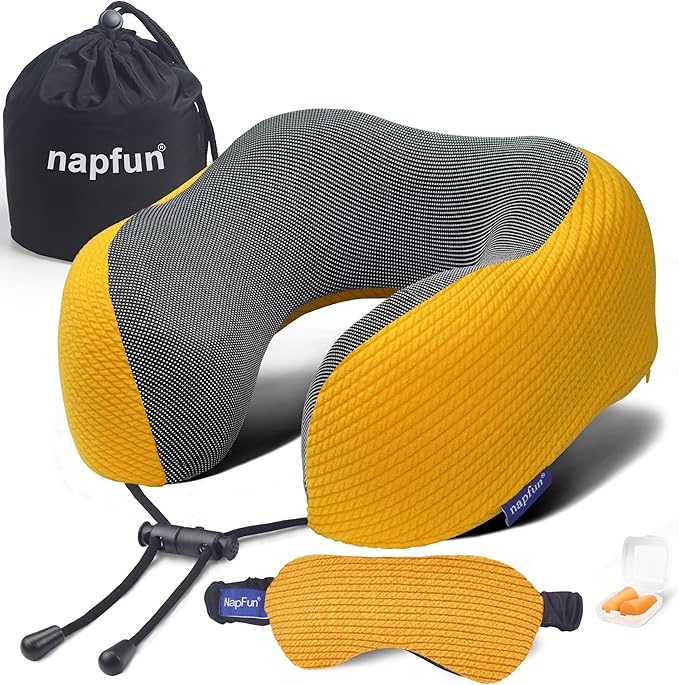 napfun Neck Pillow for Travel with Travel Pouch, Sleep Mask & Earplugs, Memory Foam Airplane Pillow for Headrest Sleep with Eyeshades, Plane Essentials with Eye Blindfold, Yellow Striped Kit
