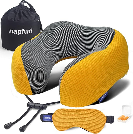 napfun Neck Pillow for Travel with Travel Pouch, Sleep Mask & Earplugs, Memory Foam Airplane Pillow for Headrest Sleep with Eyeshades, Plane Essentials with Eye Blindfold, Yellow Striped Kit