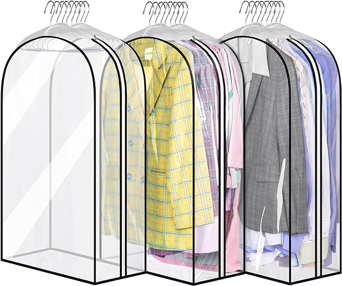 MISSLO 32" All Clear Garment Bags for Hanging Clothes 10" Gusseted Suit Bags for Closet Storage Suit Cover Hanging Clothes Storage for Shirts, Coats, 3 Packs