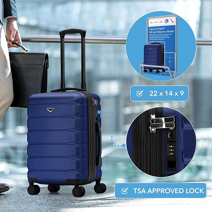 Flight Knight 22x14x9" Expandable Carry On Suitcase Hardside TSA Lock USB C Port Lightweight Luggage Silent Double Spinner Wheels Maximum Overhead Carry-On Bag For American & United Approved Airlines
