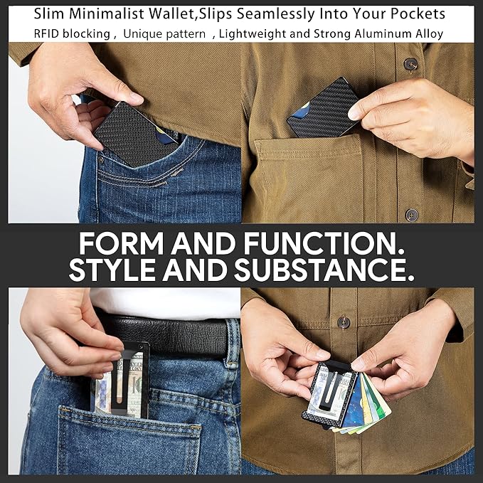 Minimalist Carbon Fiber Wallet for Men, Money Clip Cash Strap Wallet, RFID Blocking Metal Wallet Aluminum Card Holder,Front Pocket Wallet(Carbon Fiber)