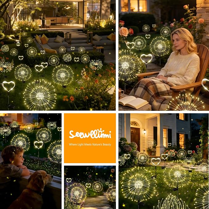 Solar Garden Lights Outdoor Decor Waterproof, 2Pack 120LED Firework Lights for Garden Decorative, Fairy Lights Solar Powered for Yard, Patio,Pathway,Flowerbed,Planter,Party(Warm White)