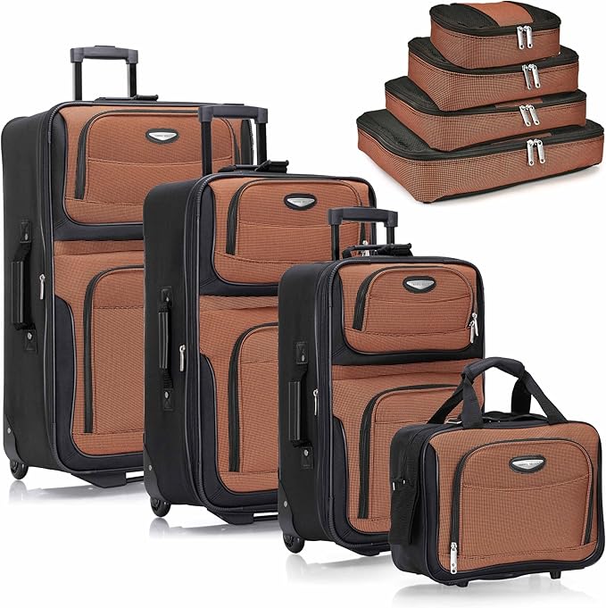 Travel Select Amsterdam Softside Expandable Luggage with Rolling Wheels, Orange, 8-Piece Set (15/21/25/29) with Packing Cubes