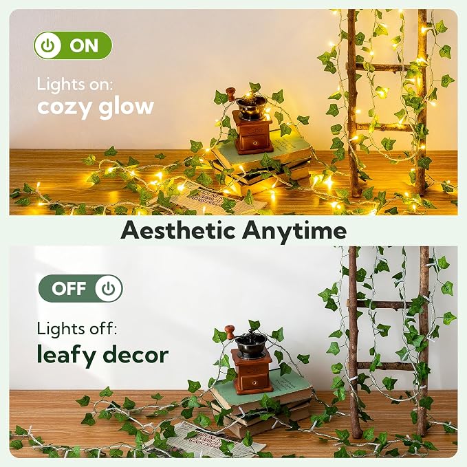 HEYFUNi Vines with Lights 23FT, Fake Ivy String Lights Plug in | 73 Warm White LEDs, Artificial Ivy Leaf Lights For Bedroom, Wall, Balcony, Wedding, Party, Dorm, Aesthetic Decor
