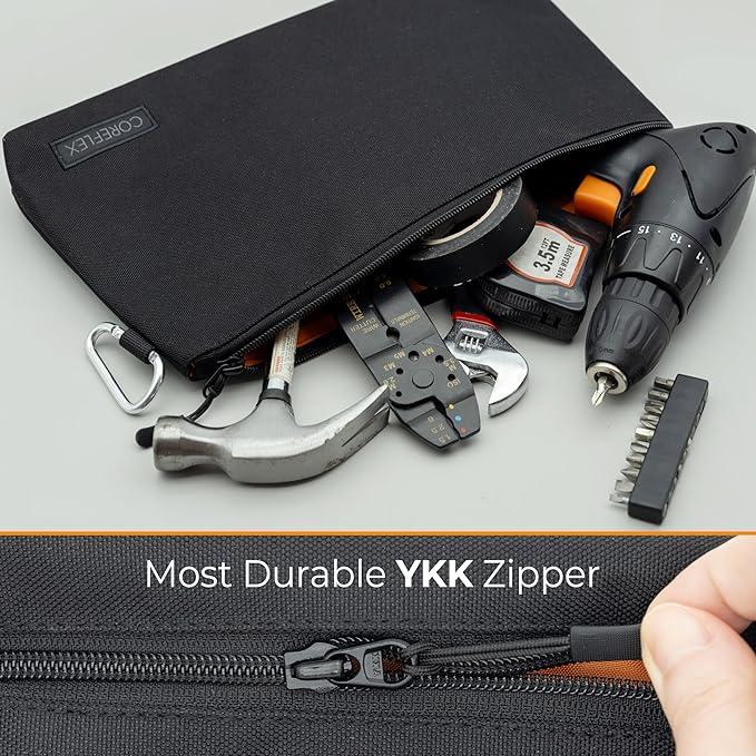 COREFLEX Premium Tool Pouch Zipper Bag, Small Tool Bag, Multipurpose Storage pouch, Heavy duty Flat Bottom Tool bag with YKK Zipper (6 pack Large 12inch Black)