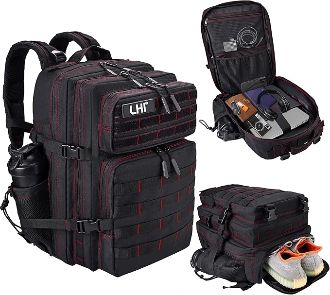 LHI Military Tactical Backpack for Men and Women 45L Army 3 Days Assault Pack Bag Large Rucksack with Shoe Compartment - Black red line
