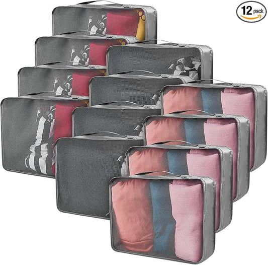 Silkfly 12 Pcs Packing Cubes for Suitcase Travel Luggage Bags Bulk Mesh Organizer Set for Hiking Camping Backpacking Clothes Accessories(Gray)