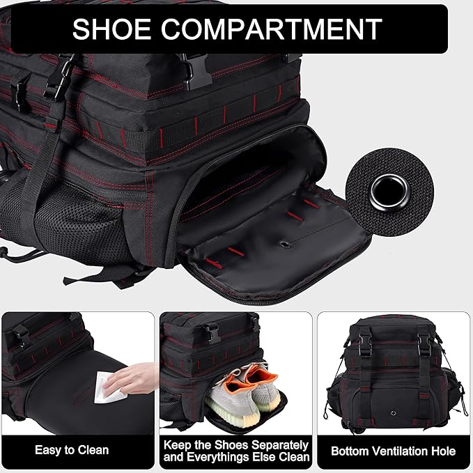 LHI Military Tactical Backpack for Men and Women 45L Army 3 Days Assault Pack Bag Large Rucksack with Shoe Compartment - Black red line