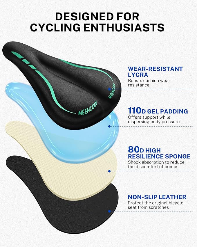 MEENCOOL Bike Seat Cushion - Gel Padded Bike Seat Cover for Men Women Comfort, Adjustable Velcro Secure Bicycle Seat Cushion Compatible with Peloton, Indoor & Outdoor Bicycle Seat(11"x7")