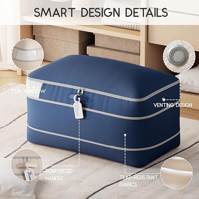 Compression Storage Bags for Comforters - 4 Pack Long Large 100L Compression Bags, 3-Layer Washable Ultra Space Saving Self Comforter Storage Bag for Blankets, Sheets, Clothes, Navy Blue