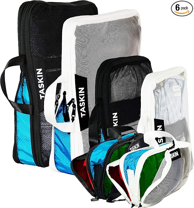 Taskin Compression Packing Cubes | Separate Clean & Dirty Compartments w/Flexible Separator | YKK Zippers | Set of 6 (2XL + 2L + 2M)