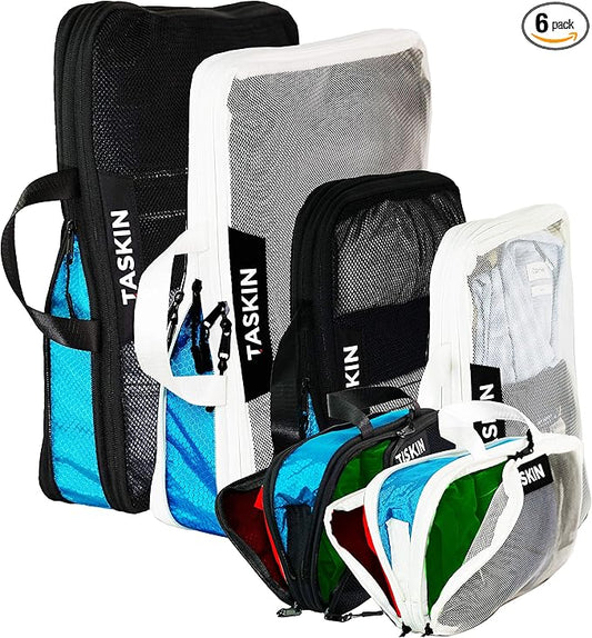 Taskin Compression Packing Cubes | Separate Clean & Dirty Compartments w/Flexible Separator | YKK Zippers | Set of 6 (2XL + 2L + 2M)