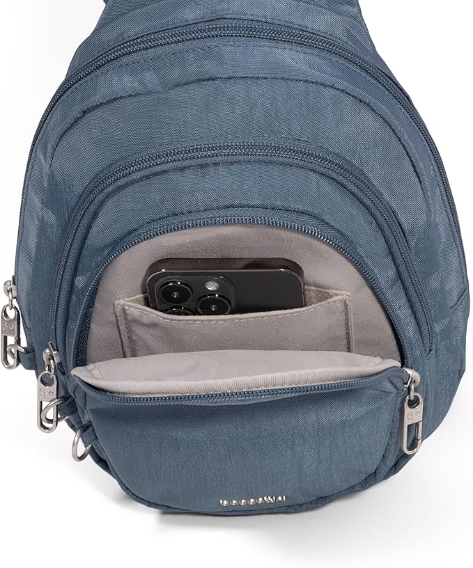 Baggallini Securtex® Anti-Theft Multi Zip Sling - Lightweight 8.6"x15.2" Travel Bag with Locking Zippers & RFID Protection