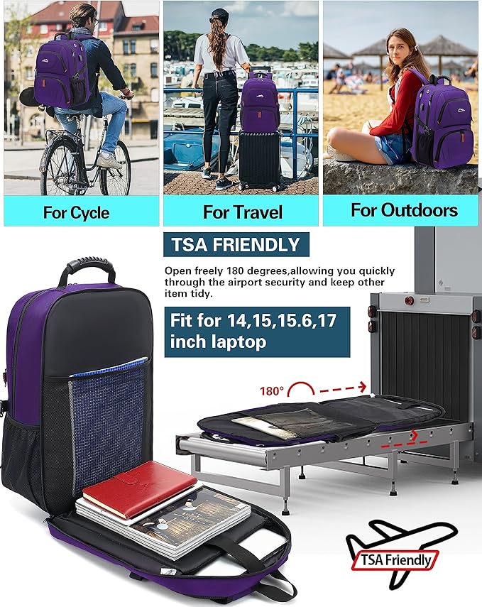 ProEtrade Travel Backpack, Extra Large Laptop Backpack School Business Anti Theft TSA Approved College Work Computer Bag Fits 17 Inch Laptop with USB Charging Port Bookbag for Women Men(Purple)