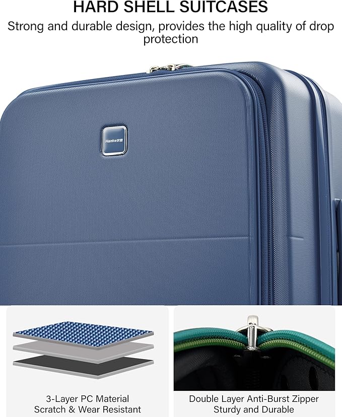 Hanke 24 Inch Expandable Checked Luggage with Cup Holder and Charger Port,Top Opening Hard Shell Suitcases with Wheels, Medium Travel Rolling Suitcase Trunk Luggage with Lock, Interstellar Blue