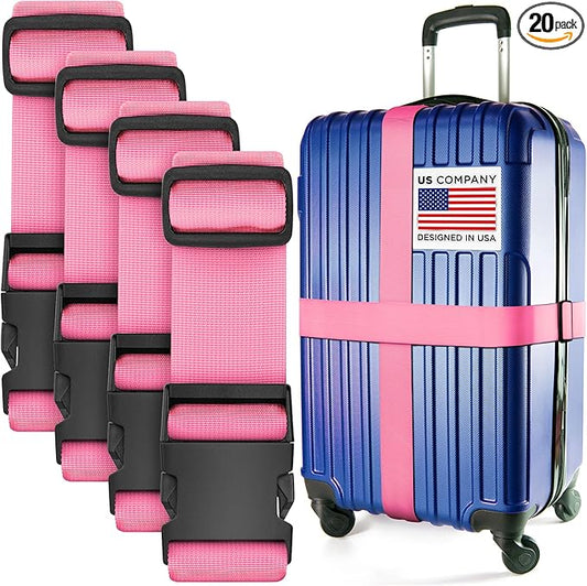 Luggage Straps for Suitcases - TSA Approved - Pink, 20 PK - Bulk Multipack Premium Nylon Belts for Suitcase, Briefcase & Travel Bag - Adjustable Strap Length 46" - 78"