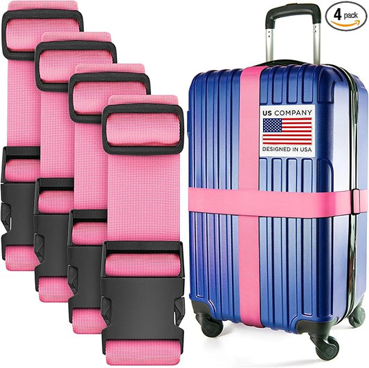 Luggage Straps for Suitcases - TSA Approved - Pink, 4 PK - Premium Nylon Belts for Suitcase, Briefcase & Travel Bag - Adjustable Strap Length 46" - 78"