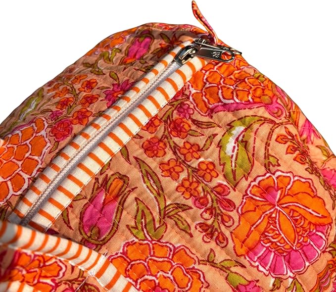Large Orange Pink Cotton Quilted Duffle Bags Block Print Gifts Handmade Colorful Travel Night Travel Gym Yoga Luggage Pocket 18X9X9 inches