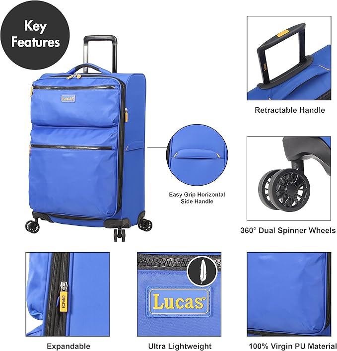 LUCAS Designer Luggage Collection - 3 Piece Softside Expandable Ultra Lightweight Spinner Suitcase Set - Travel Set includes 20 Inch Carry On, 24 Inch & 28 Inch Checked Suitcases (Royal Blue)