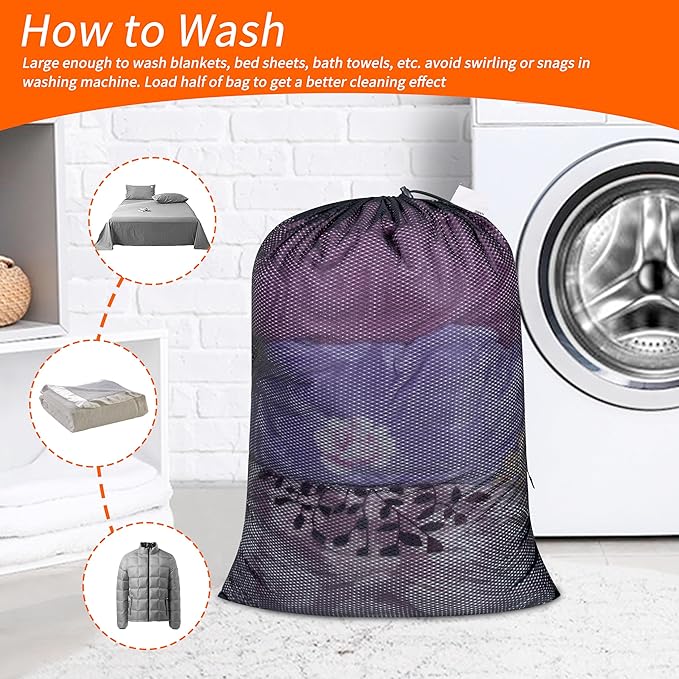 Polecasa Extra Heavy Duty Large Diamond Mesh Laundry Bags with Drawstring Closure & ID Tag, 24 x 36 inches Washable Storage Bag for College, Travel, Sports, Dorms, Black