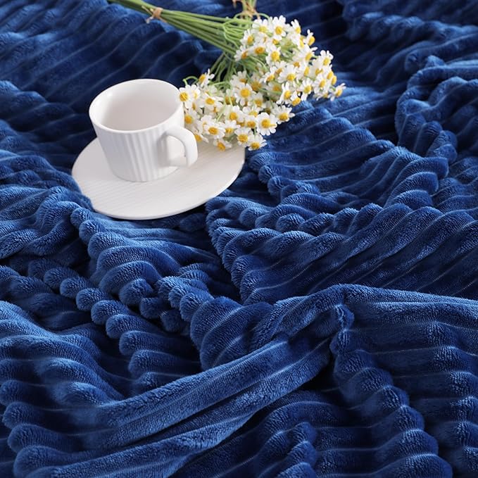 NTBAY Plush Flannel Twin Bed Blanket, 60X80 Inches Soft and Warm Lightweight Blanket with Striped Texture Bed Blanket for Couch Sofa Bed All Seasons, 60"x80", Navy Blue