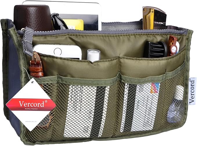Vercord Purse Organizer Insert for Handbags Bag Organizers Inside Tote Pocketbook Women Nurse Nylon 13 Pockets Army Green Small