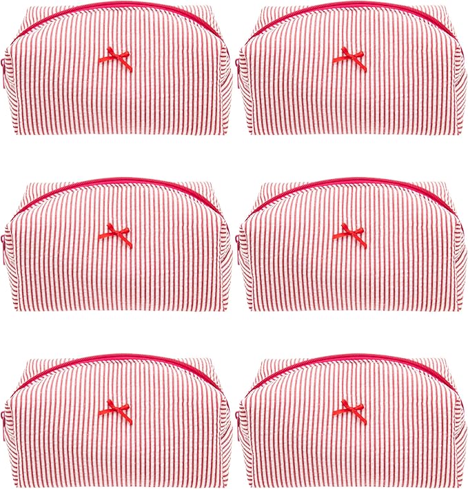 PAZIMIIK 6PCS Cozy Makeup Bag Small Aesthetic Travel Zipper Cosmetic Pouch for Women Make Up Beauty Accessories Brushes, Stripe Red