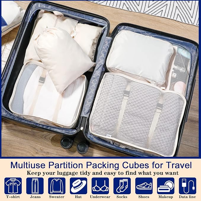 28 Pcs Packing Cubes Packing Organizers Luggage Organizer Bags Foldable Travel Luggage Cubes Suitcases Organizer Bags (Dark Color)