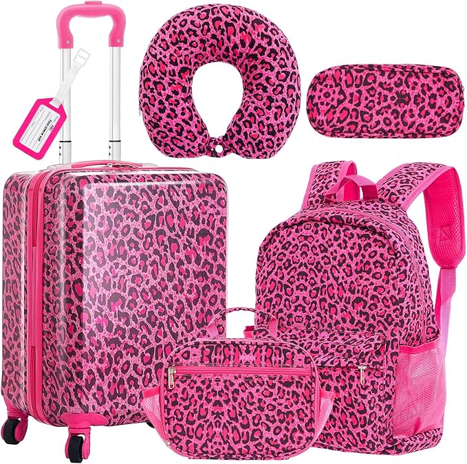 Redbaker 17 Inch 6 Pcs Kids Luggage Set Kids Rolling Luggage Double Pattern Suitcase for Boys Girls (Hot Pink, Leopard Print Style)