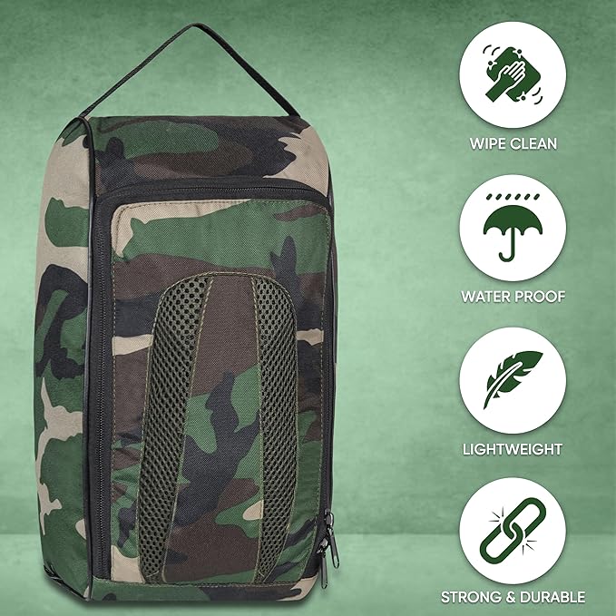 Shoe Bag Waterproof Sports Golf Boot Bag | Odor-Resistant Gym Kit Organiser Storage | Hiking Travel Dust-Proof Storage Bag for Wellington, Cowboy, Football, Rugby, Cricket Shoe (Green Camo)