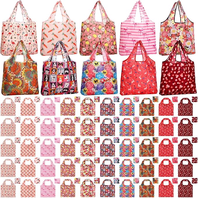 Paterr 50 Pack Reusable Foldable Grocery Bags 10 Patterns Bulk Shopping Totes Pocket Size Bags for Supermarket