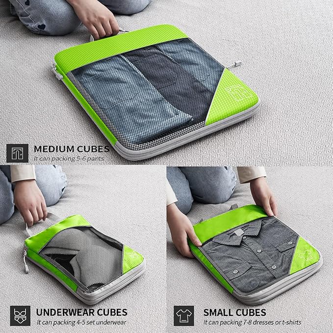 9-Set Packing Cubes with Hanging Bag | 9-Size Combination, Mesh Fabric & Reflective Stripe | Travel Luggage Organizers (Green)