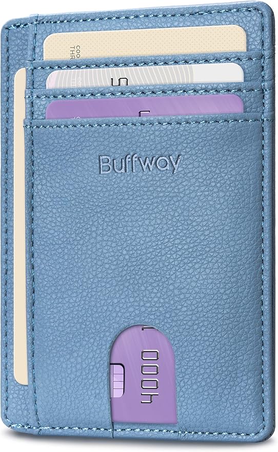 Buffway Slim Minimalist Front Pocket RFID Blocking Leather Wallets for Men and Women - Lichee Blue Grey