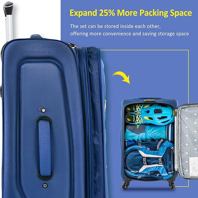 3 Piece Softshell Expandable Luggage Sets, Lightweight Travel Suitcase Set with TSA Lock and 360°Swivel Spinner Wheels, Durable Softside Luggage for Men Women, 22 in/26 in/30 in, Blue