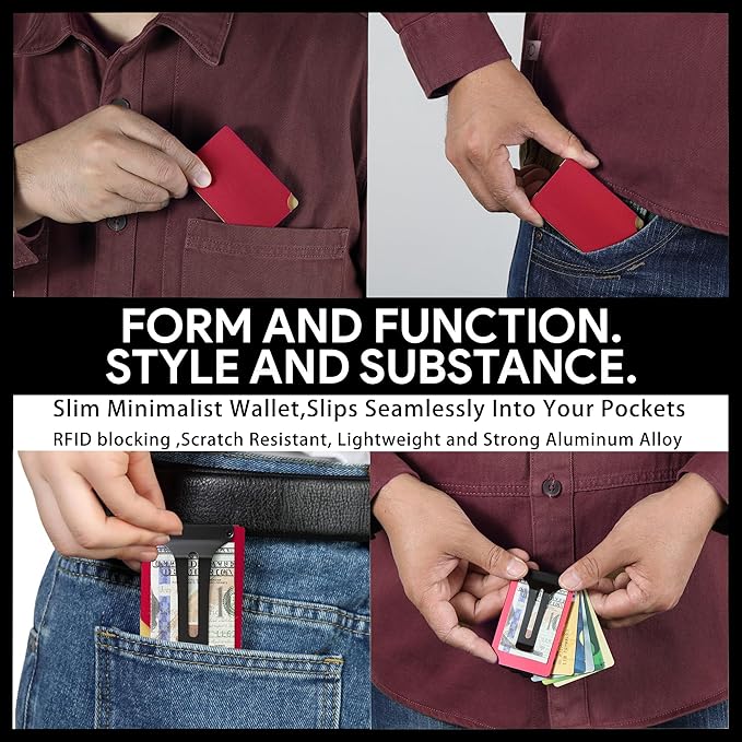 Carbon Fiber Minimalist Wallet for Men Credit Card Holder Money Clip & Cash Strap Slim RFID Mens Wallets-Matt Red