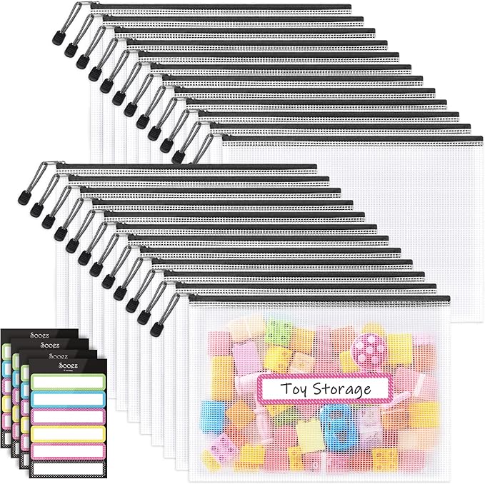 Sooez 24 Pack Mesh Zipper Pouch with Sticky Labels, A4 Mesh Bags, Toy Storage Board Game Puzzles Organization, Sturdy Letter Size File Folders Organizer Teacher School Classroom Office Supplies, Black